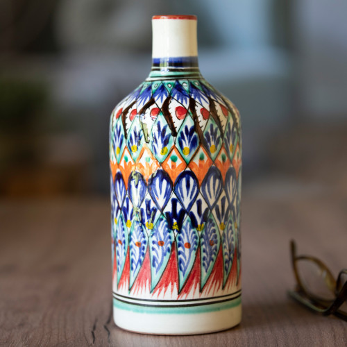 Uzbek Glazed Ceramic Vase with Hand-Painted Motifs 'Uzbek Splendor'