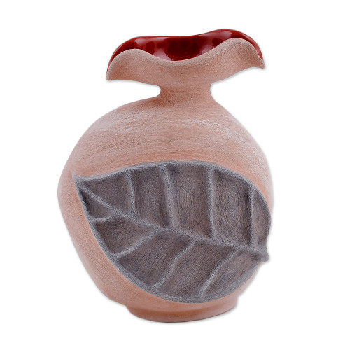 Leafy and Spiral Ceramic Decorative Vase in Red and Brown 'Forest Passion'