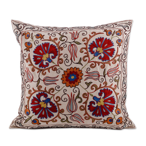Floral Handcrafted Embroidered Silk and Cotton Cushion Cover 'Suzani Garden'
