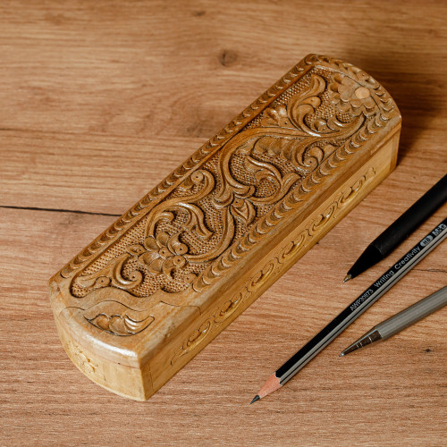 Hand-Carved Rectangle Floral Walnut Wood Puzzle Box 'Rectangle Paradise'