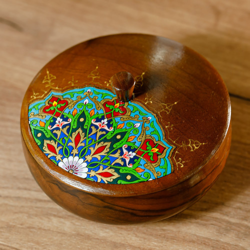 Painted Round Walnut Wood Jewelry Box with Floral Motifs 'Peacock Spirit'