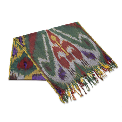 Colorful Fringed Cotton Ikat Scarf Hand-Woven in Uzbekistan 'Symphony of Colors'