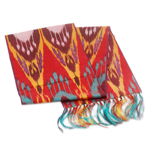 Handwoven Traditional Silk Scarf in Red and Teal Hues 'Crimson Samarkand Renaissance'