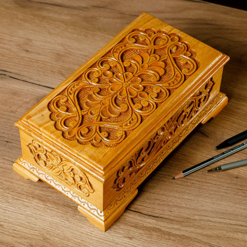 Hand-Carved Classic Walnut Wood Jewelry Box 'Secret Arcadia'