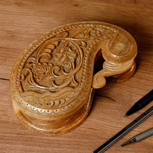 Hand-Carved Paisley-Shaped Leafy Walnut Wood Puzzle Box 'Portal to the Paisley Forest'