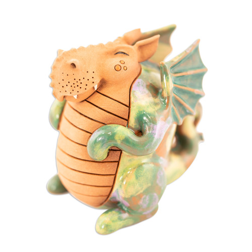 Dragon Ceramic Figurine Made  Painted by Hand in Uzbekistan 'Little Green Dragon'