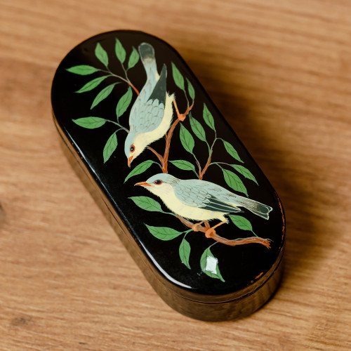 Bird-Themed Oblong-Shaped Black Papier Mache Jewelry Box 'Forest Melodies'