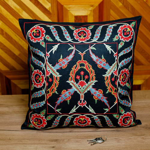 Classic Leafy Embroidered Black Silk Blend Cushion Cover 'Arcadia Nights'