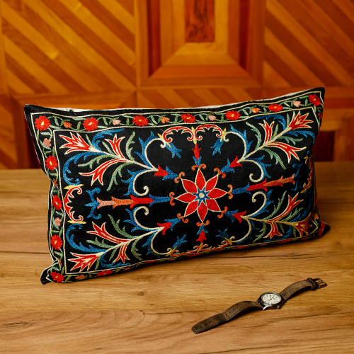 Embroidered Floral Silk and Cotton Blend Cushion Cover 'Glimpses of Majesty'