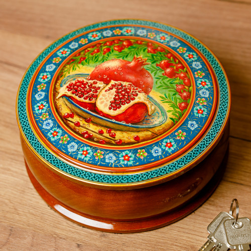 Pomegranate-Themed Painted Round Walnut Wood Jewelry Box 'Sweet Prophecy'