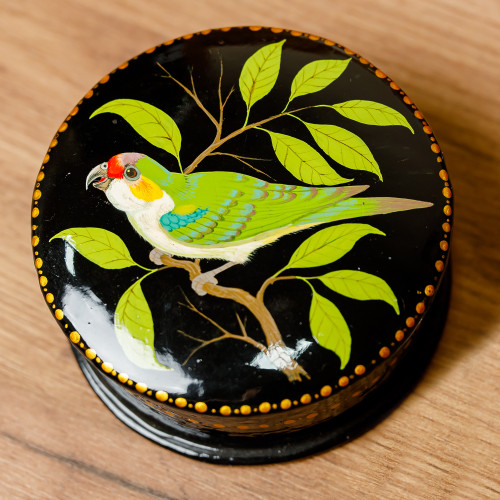 Painted Bird and Leafy-Themed Green and Black Jewelry Box 'Chant for Renewal'