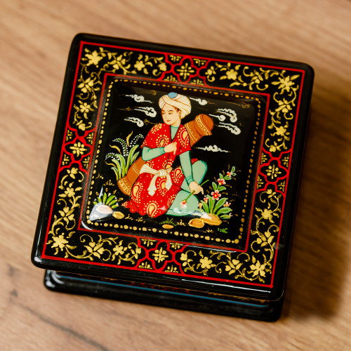 Classic Hand-Painted Red and Golden Papier Mache Jewelry Box 'Melody of the Nobleman'