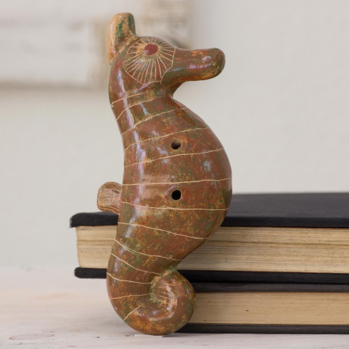 Artisan Crafted Seahorse Shaped Ceramic Ocarina Flute 'Green Beige Seahorse'