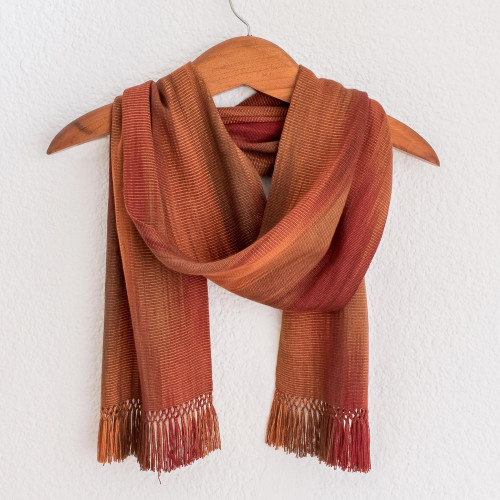 Orange Brown Maroon Hand Woven Rayon Chenille Scarf 'Solola Dawn' Orange Brown Maroon Hand Woven Rayon Chenille Scarf 'Solola Dawn'