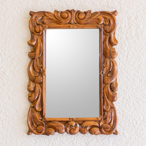 Guatemalan Artisan Crafted Carved Wood Wall Mirror 'Natural Grace'