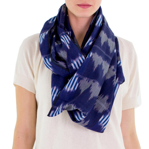 Dark Blue Patterned Infinity Scarf in Hand Woven Cotton 'Midnight Maya'