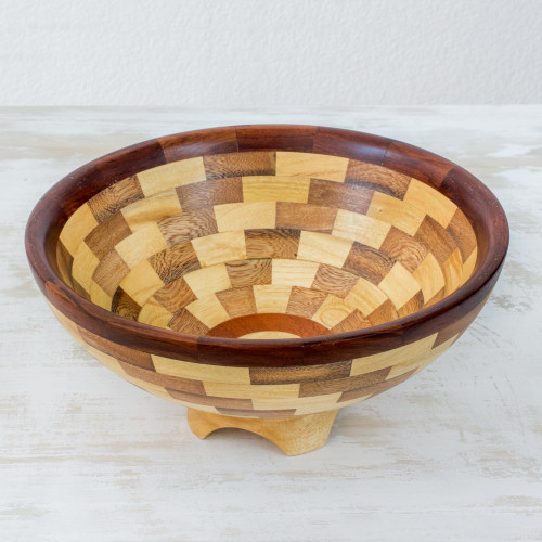 Artisan Crafted Natural Wood Fruit Bowl from Guatemala 'Tikal Geometry'
