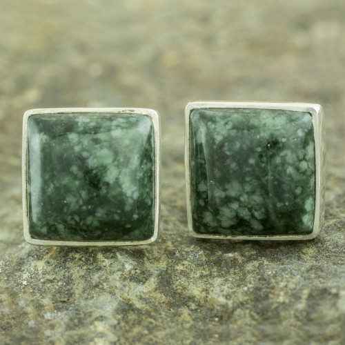 Classic Silver Button Earrings with Green Maya Jade 'Forest Mystique'