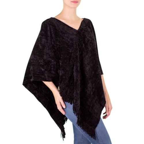 Black Handcrafted Cotton Blend Poncho 'Magical Night'