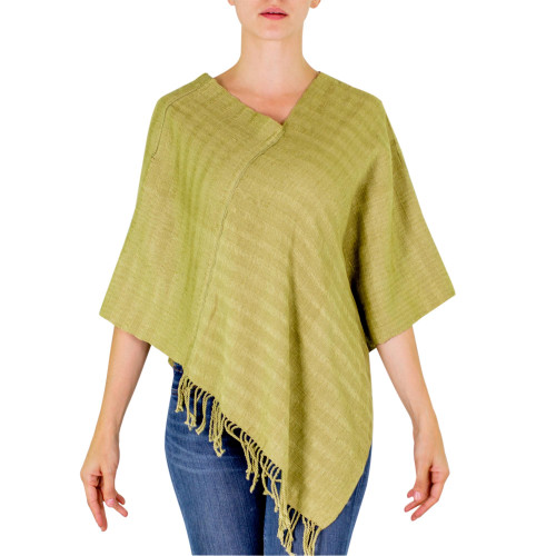 Green Organic Dyes Handwoven Cotton Poncho from Guatemala 'Organic Forest'