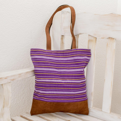 Hand Woven Cotton and Leather Accent Tote Handbag 'Tradition in Lilac'