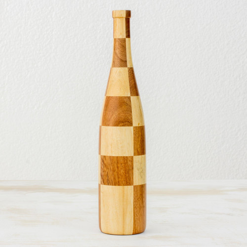 Artisan Crafted Mahogany and Palo Blanco Decorative Bottle 'Natural Chess'