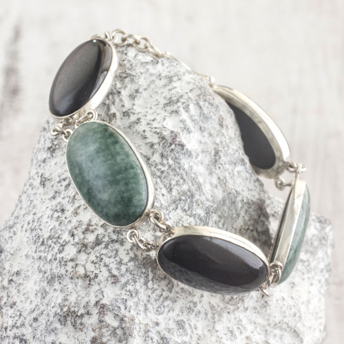 Black and Forest Green Jade and Silver Bracelet 'Black and Green Tonalities'