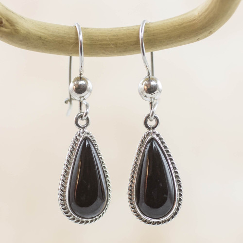 Artisan Crafted Sterling Silver Black Jade Dangle Earrings 'Black Tear'