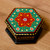 Floral Hexagon-Shaped Teal and Red Papier Mache Jewelry Box 'Altar to Splendor'