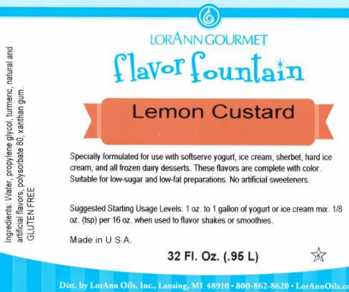 Lemon Custard  Flavour Fountain - LorAnn - 946 mL / 32 oz--SPECIAL ORDER. PLEASE CALL FOR MORE DETAILS Lemon Custard  Flavour Fountain - LorAnn - 946 mL / 32 oz--SPECIAL ORDER. PLEASE CALL FOR MORE DETAILS
