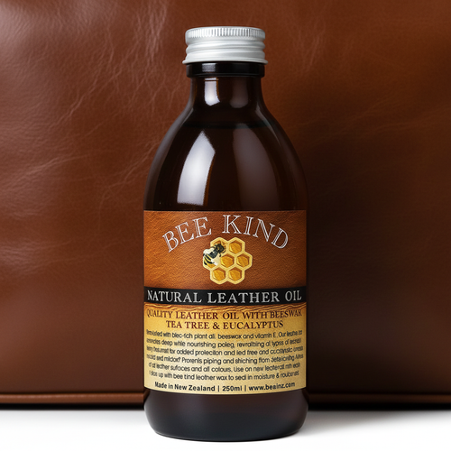 Bee Kind Natural Leather Oil nourishes, protects & restores all leather. Made in NZ with beeswax, tea tree & eucalyptus for lasting leather care.