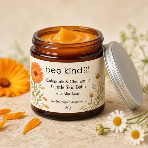 Calendula and chamomile gentle skin balm with aloe butter in a 60g amber jar by Bee Kind and Co