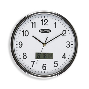 CARVEN WALL CLOCK 285mm Silver Rim Lcd Date