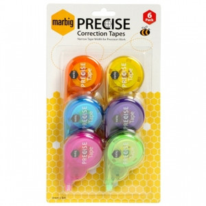 MARBIG PRECISE CORRECTION TAPE 4mm x 8m, Assorted Pack of 6