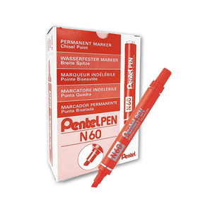 Pentel N60 Permanent Marker Chisel Point 2.5-5.5mm  Red, Box of 12