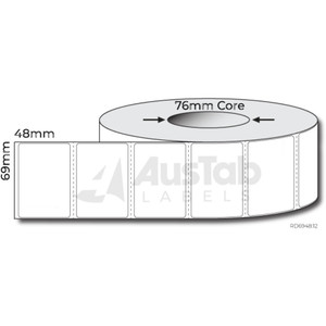 Thermal Direct Labels 69mm x 48mm White Matt – Permanent Adhesive Roll of 3000 Labels on a 76mm Core,  Box of4