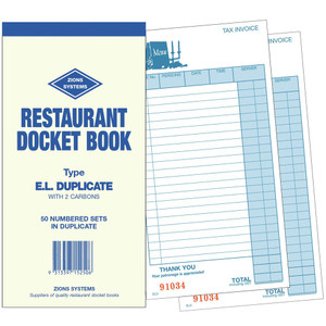 ZIONS RESTAURANT DOCKET BOOKS ELD Dup Pen Carbon 200x100mm, 22 Lines, 50 Sets