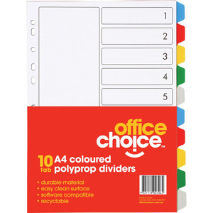 OFFICE CHOICE A4 DIVIDERS 10 Coloured Tab Polyprop ** While Stocks Last **