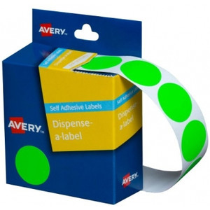 AVERY DISPENSER LABELS Circles DMC24FG 24mm Fluoro Green, Pk350