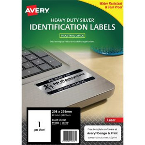 AVERY L6013 DURABLE H/D LABEL Laser 1/Sht 210x298 Slvr Met (20 Labels)