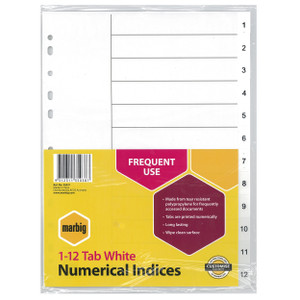 MARBIG POLYPROPYLENE DIVIDERS - NUMERICAL 1-12 A4 White