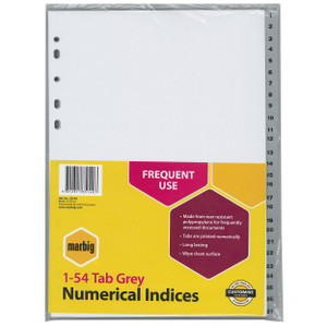 MARBIG POLYPROPYLENE DIVIDERS - NUMERICAL 1-54 A4 Grey