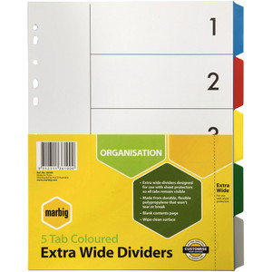 MARBIG POLYPROPYLENE DIVIDERS 5 Tab A4 Multi-Colour Extra Wide