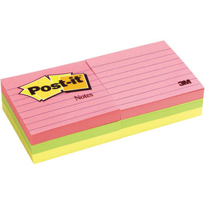 POST-IT NOTES - NEON COLOURS LINED ASSORTMENT 630-6AN 73x73mm Lined pkt 6