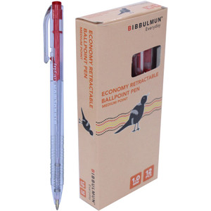 BIBBULMUN RETRACTABLE Ballpoint Economy Pen Medium 1.0mm Red Pack of 12