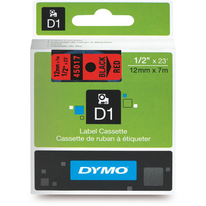 DYMO D1 LABELLING TAPE CASSETTES 12mmx7m Black on Red Tape