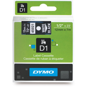 DYMO D1 LABELLING TAPE CASSETTES 45021 12mmx7m White on Black Tape