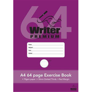WRITER PREMIUM EXERCISE BOOK A4 64pgs 18mm Dotted Thirds - Car 297x210mm