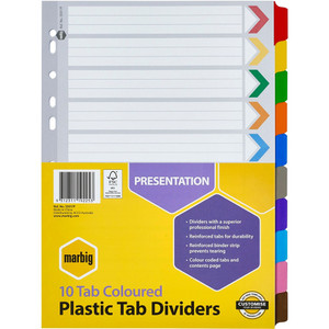 MARBIG PLASTIC COLOURED TABBED MANILLA DIVIDERS 10 Tab A4