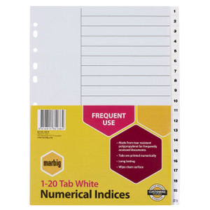 MARBIG POLYPROPYLENE DIVIDERS - NUMERICAL 1-20 A4 White